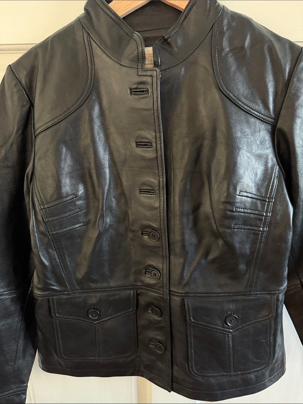 Vintage 1990’s Margaret Godfrey Black Genuine Leather Jacket Petite Button Front
